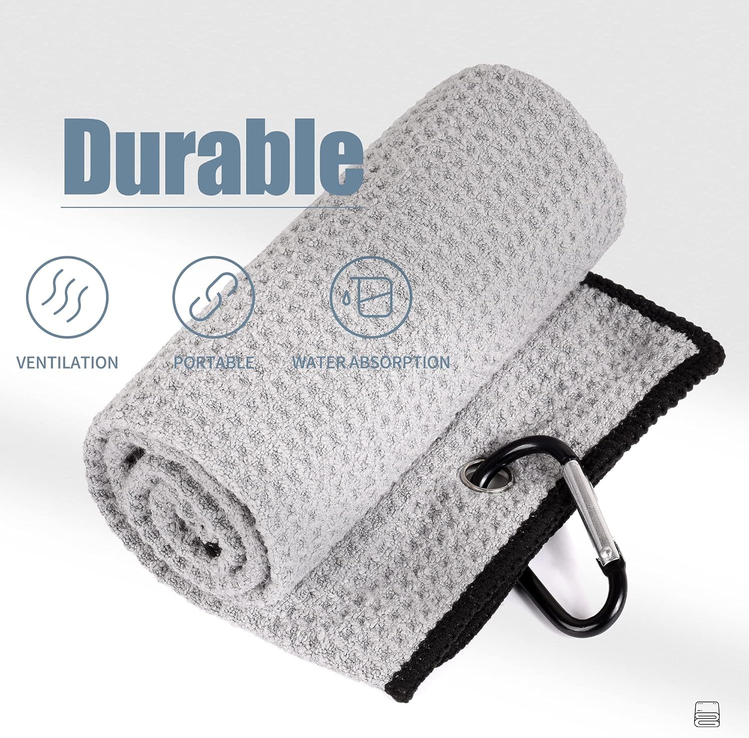 Microfiber Golf Towel - 16" x 24", Waffle Pattern with Carabiner Clip, Highly Absorbent Tri-Fold Design, Ideal Golf Bag Accessory for Men and Women, Gray
