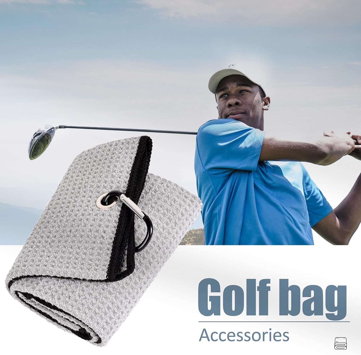 Microfiber Golf Towel - 16" x 24", Waffle Pattern with Carabiner Clip, Highly Absorbent Tri-Fold Design, Ideal Golf Bag Accessory for Men and Women, Gray
