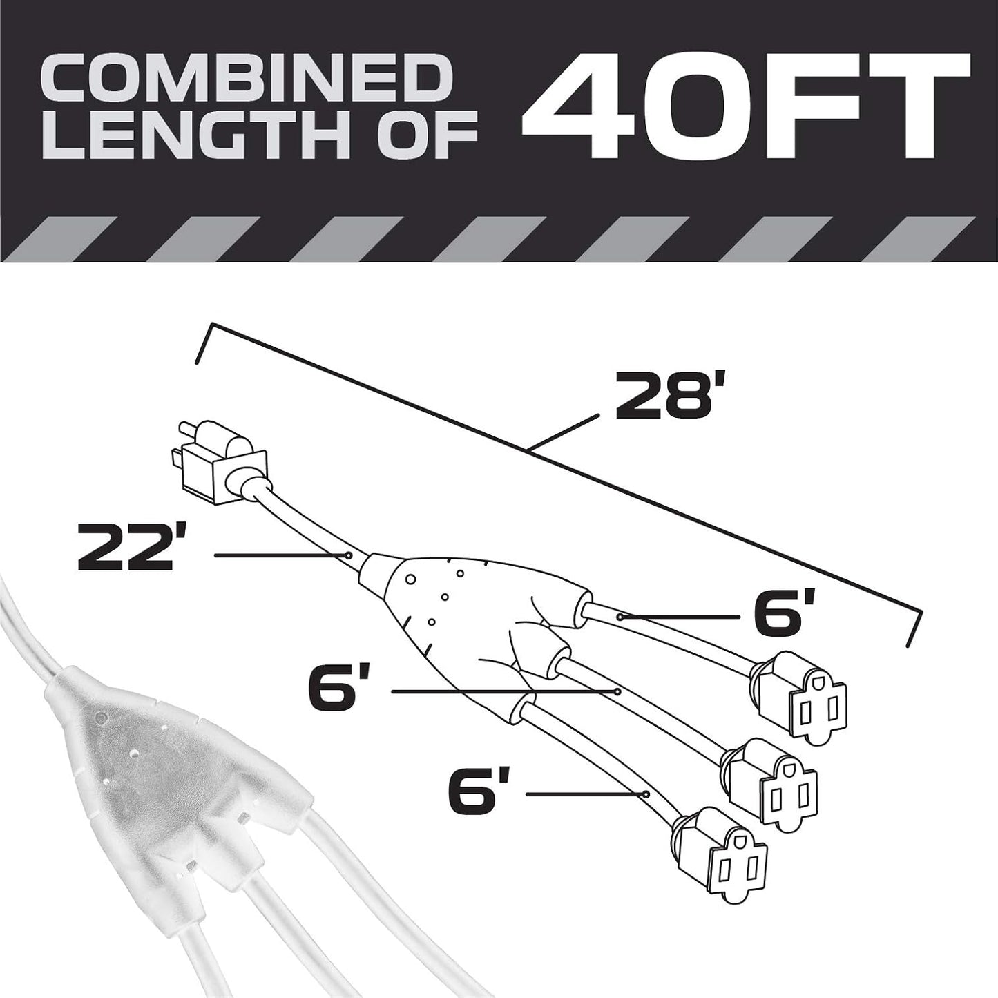 White 1 to 3 Outdoor Extension Cord Splitter 28 Ft (40 Ft Total Length) - 16 Gauge Power Cord, 3 Prong, 3 Outlets 16/3 SJTW