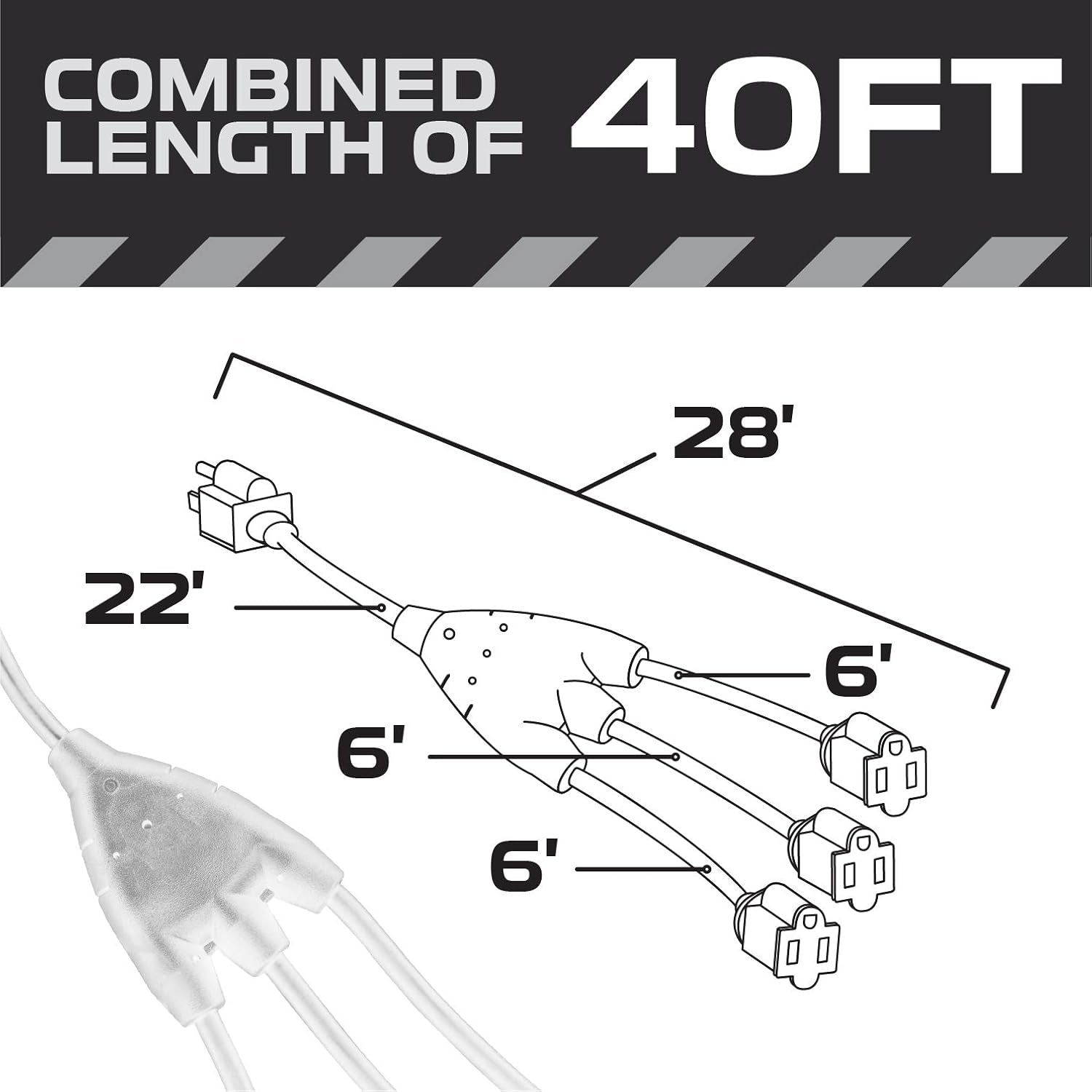 White 1 to 3 Outdoor Extension Cord Splitter 28 Ft (40 Ft Total Length) - 16 Gauge Power Cord, 3 Prong, 3 Outlets 16/3 SJTW