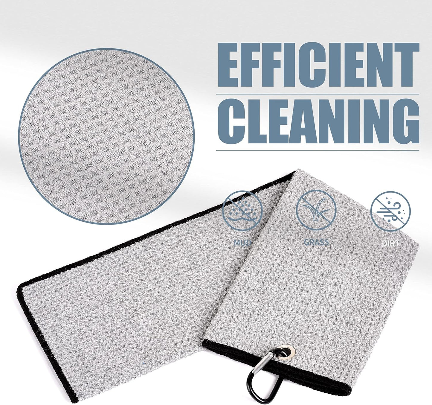 Microfiber Golf Towel - 16" x 24", Waffle Pattern with Carabiner Clip, Highly Absorbent Tri-Fold Design, Ideal Golf Bag Accessory for Men and Women, Gray