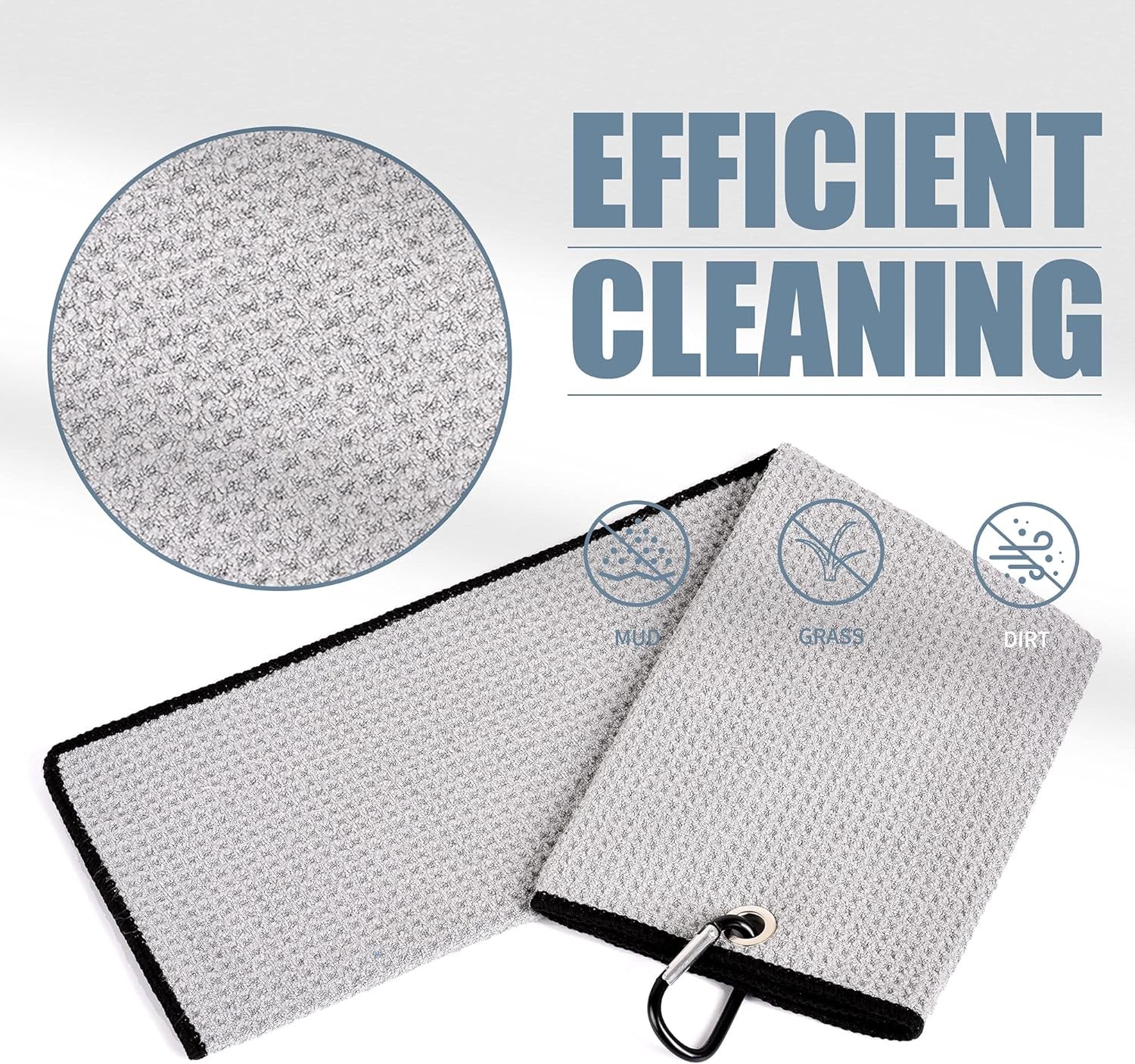 Microfiber Golf Towel - 16" x 24", Waffle Pattern with Carabiner Clip, Highly Absorbent Tri-Fold Design, Ideal Golf Bag Accessory for Men and Women, Gray