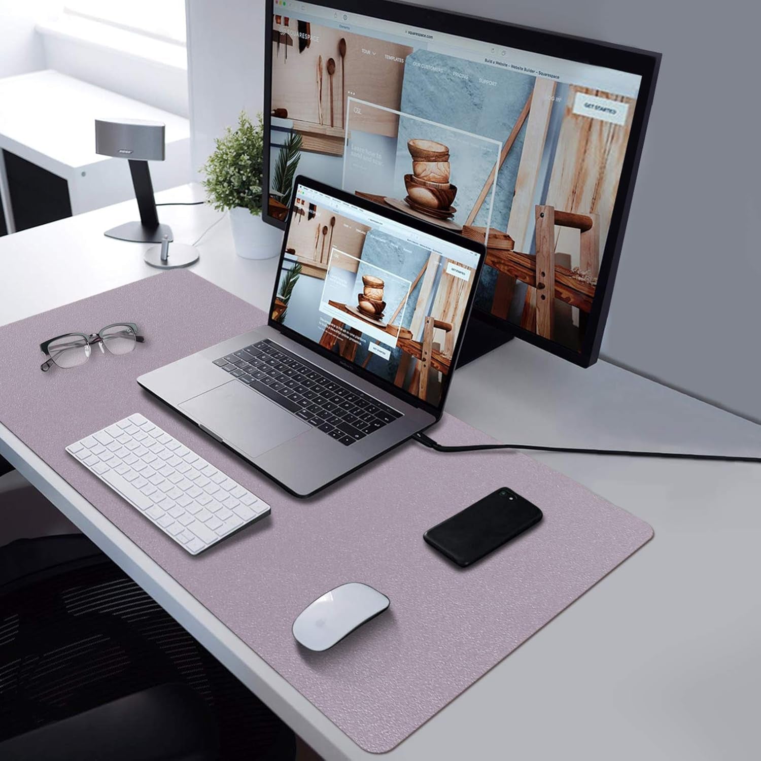 PU Leather Desk Pad with Suede Base, Multi-Color Non-Slip Mouse Pad, 36” X 17” Waterproof Desk Writing Mat, Large Desk Blotter Protector(Gray-Pink)