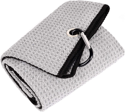 Microfiber Golf Towel - 16" x 24", Waffle Pattern with Carabiner Clip, Highly Absorbent Tri-Fold Design, Ideal Golf Bag Accessory for Men and Women, Gray