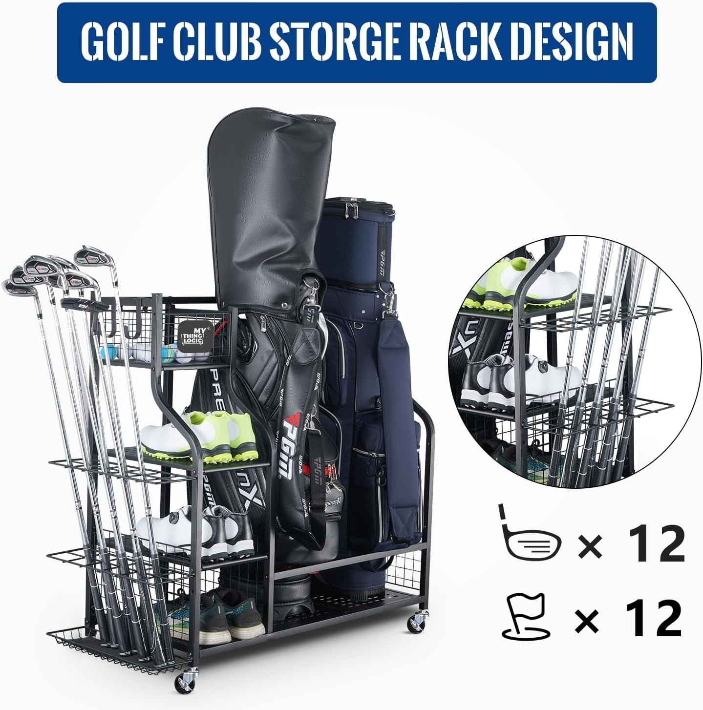 Golf Equipment Storage Organizer: Stand for Golf Bags and Accessories, Enhanced Rack for Golf Clubs