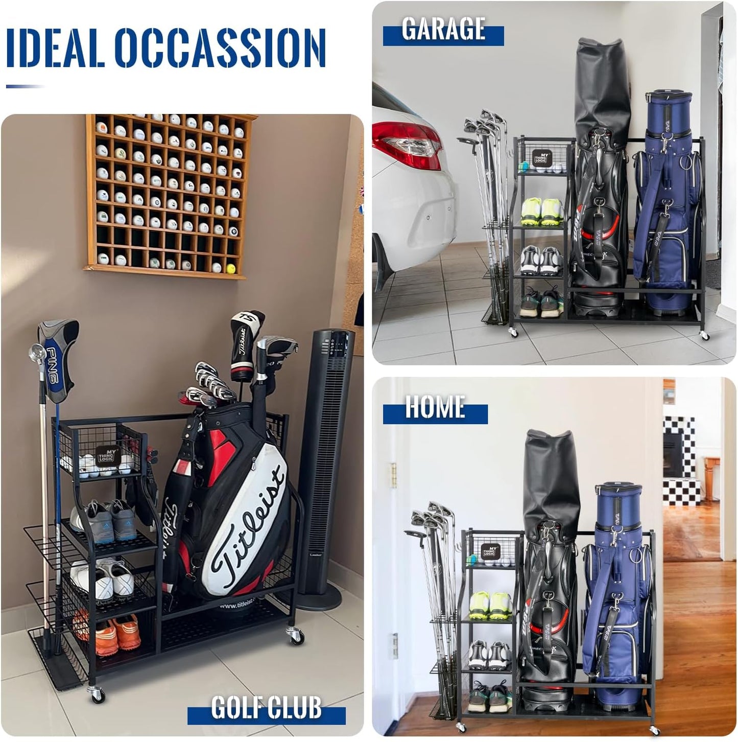 Golf Equipment Storage Organizer: Stand for Golf Bags and Accessories, Enhanced Rack for Golf Clubs