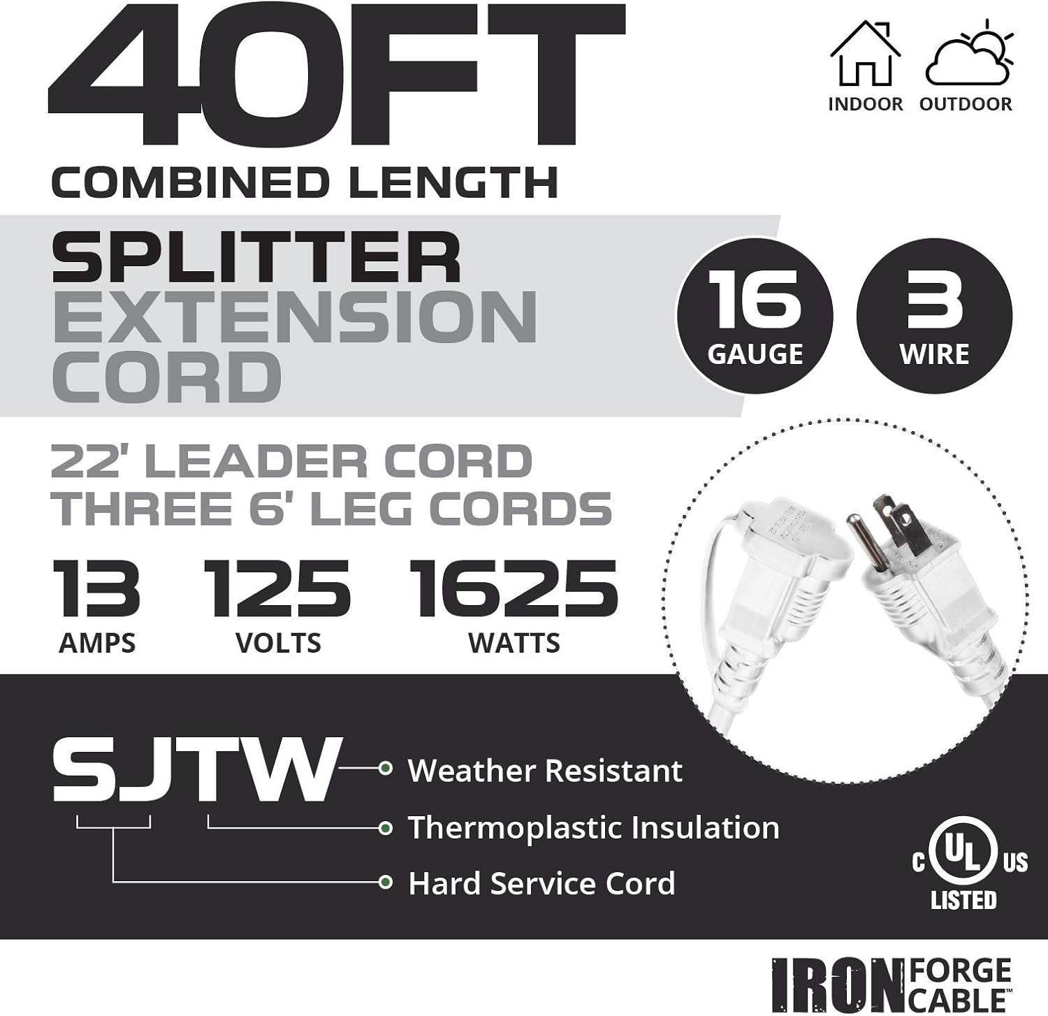 White 1 to 3 Outdoor Extension Cord Splitter 28 Ft (40 Ft Total Length) - 16 Gauge Power Cord, 3 Prong, 3 Outlets 16/3 SJTW