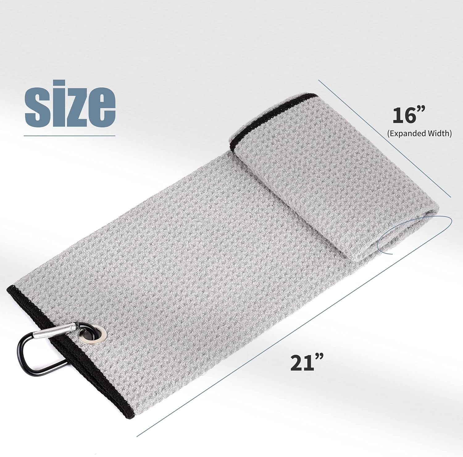 Microfiber Golf Towel - 16" x 24", Waffle Pattern with Carabiner Clip, Highly Absorbent Tri-Fold Design, Ideal Golf Bag Accessory for Men and Women, Gray